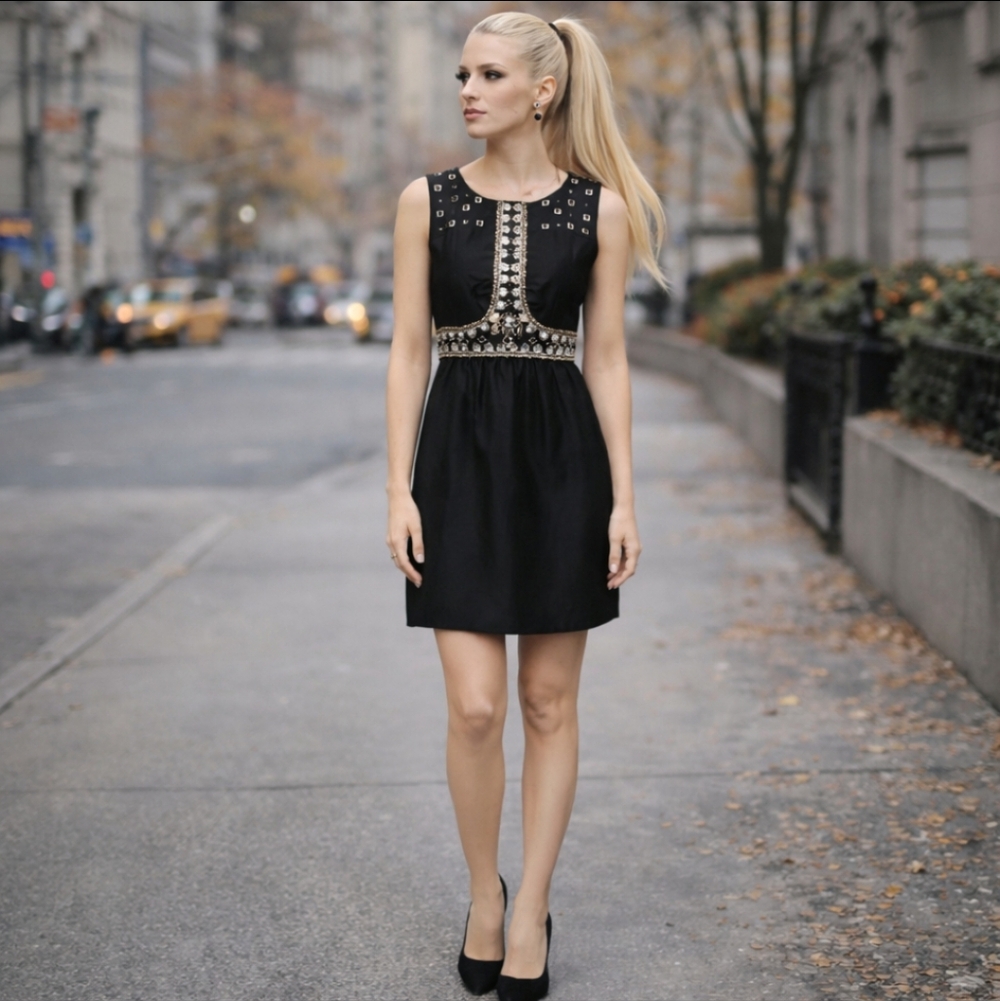 Tibi 100% silk black sleeveless short party dress with sequins/ beads sz 6